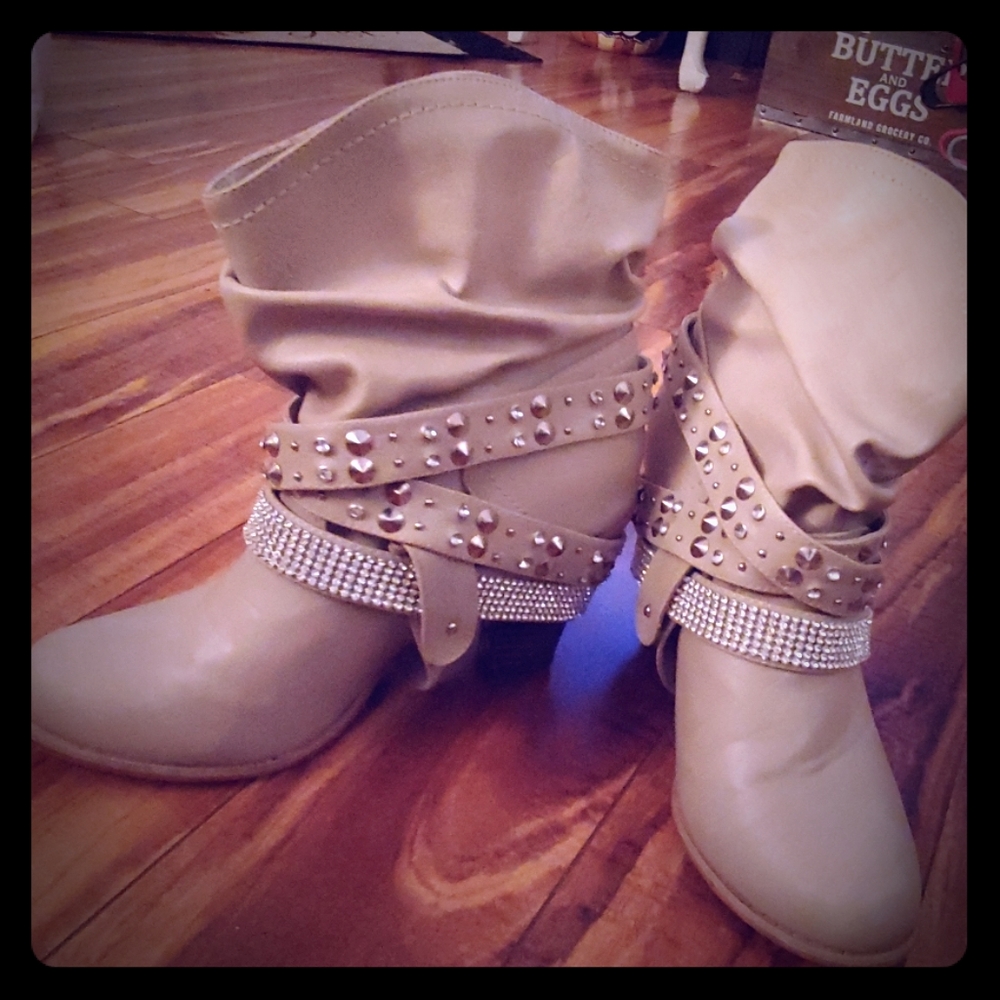 Taupe boots with rhinestones and studs